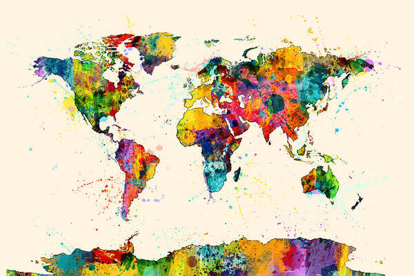 World Map Art Print featuring the digital art Map of the World Map Watercolor by Michael Tompsett