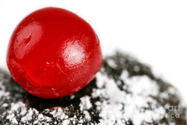 Maraschino Art Print featuring the photograph Maraschino cherry on chocolate cake by Sylvie Bouchard