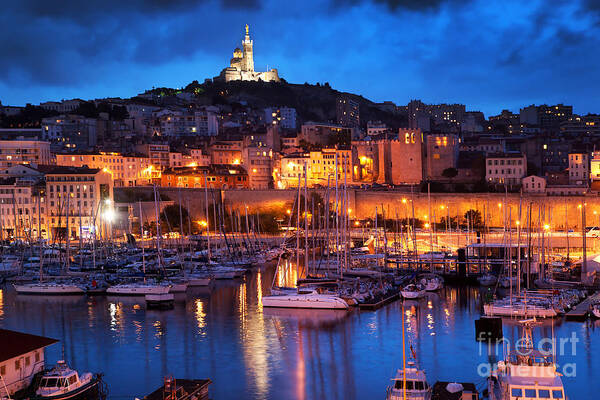 Marseille Art Print featuring the photograph Marseille France panorama at night by Michal Bednarek