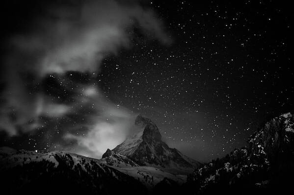 Tranquility Art Print featuring the photograph Matterhorn With Stars In Black And White by Coolbiere Photograph