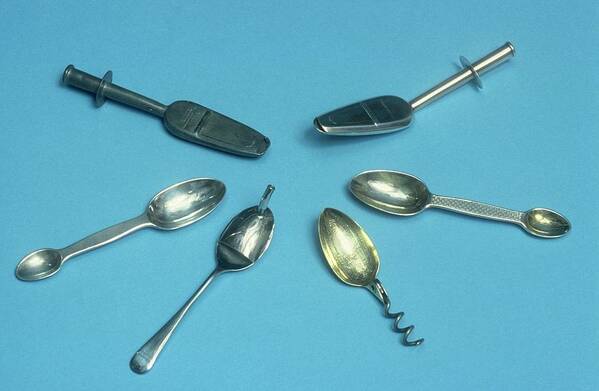 Blue Background Art Print featuring the photograph Medicine Spoons by Science Photo Library