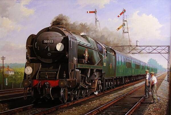 Steam Art Print featuring the painting Merchant Navy pacific at Brookwood. by Mike Jeffries