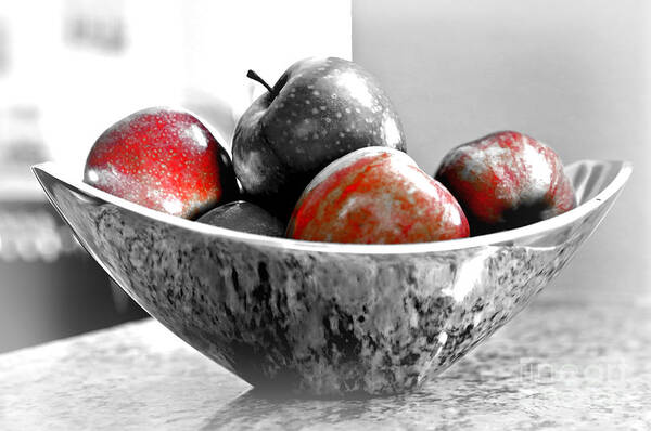 Selective Color Art Print featuring the photograph Metallic Fruit Bowl - Still Life by Carol Groenen