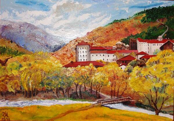Landscape Art Print featuring the painting Monastery by Nina Mitkova