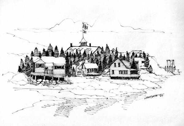 Monhegan Island Art Print featuring the drawing Monhegan Village 1987 by Richard Wambach