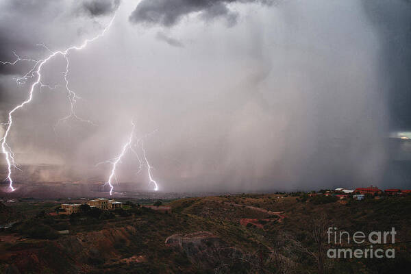 Lightning Art Print featuring the photograph Monsoon Lightning Storm over the Jerome State Park in the Verde Valley Arizona by Ron Chilston