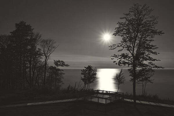 Lake Michigan Art Print featuring the photograph Moon over Lake Michigan in Black and White by Mary Lee Dereske