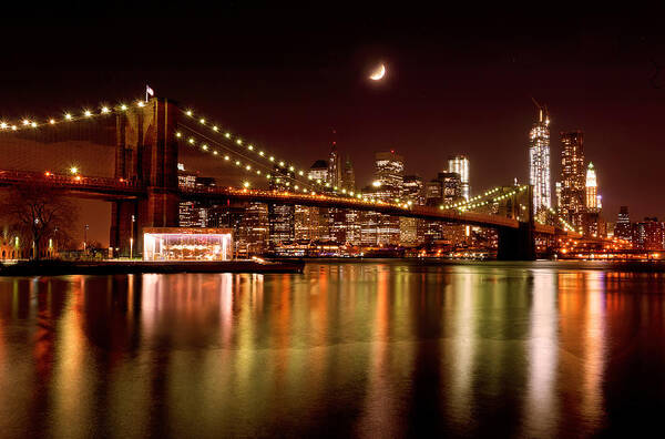 Amazing Brooklyn Bridge Photos Art Print featuring the photograph Moon Over the Brooklyn Bridge by Mitchell R Grosky