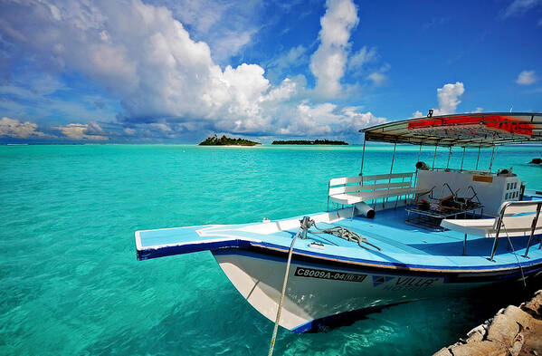 Tropical Art Print featuring the photograph Moored Dhoni at Sun Island. Maldives by Jenny Rainbow