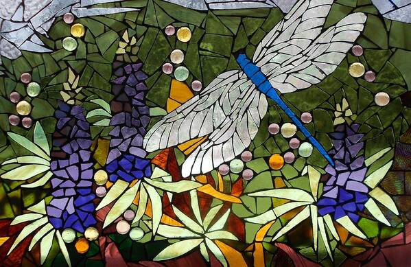 Dragonfly Art Print featuring the glass art Mosaic Stained Glass - Lupins and dragonfly by Catherine Van Der Woerd