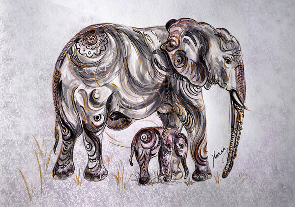 Elephant Art Print featuring the painting Mother Elephant by Harsh Malik