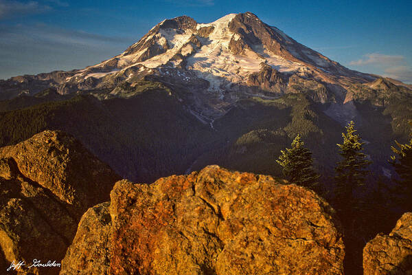 Awe Art Print featuring the photograph Mount Rainier at Sunset with Big Boulders in Foreground by Jeff Goulden