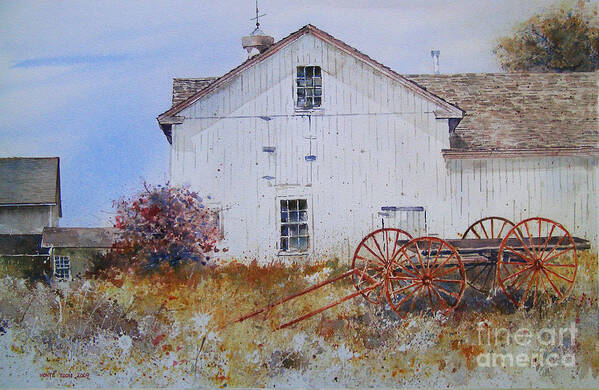 A White-washed Barn North Of Mystic Seaport Glows In The Sunlight Of An Autumn Day. Art Print featuring the painting Mystic Autumn by Monte Toon