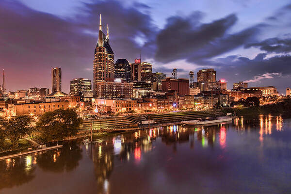 Neon Art Print featuring the photograph Nashville Cityscape by Diana Powell