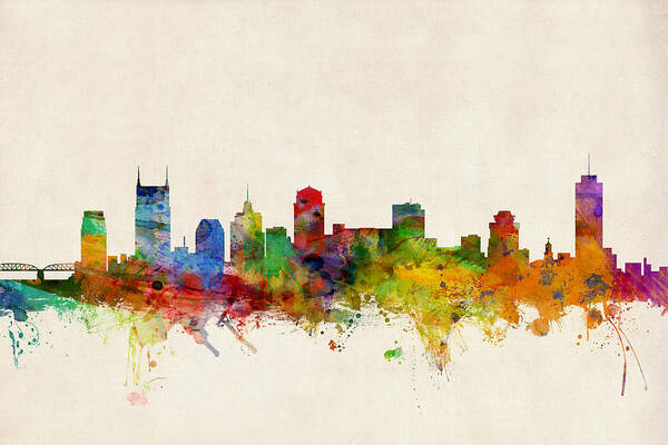 Watercolour Art Print featuring the digital art Nashville Tennessee Skyline by Michael Tompsett