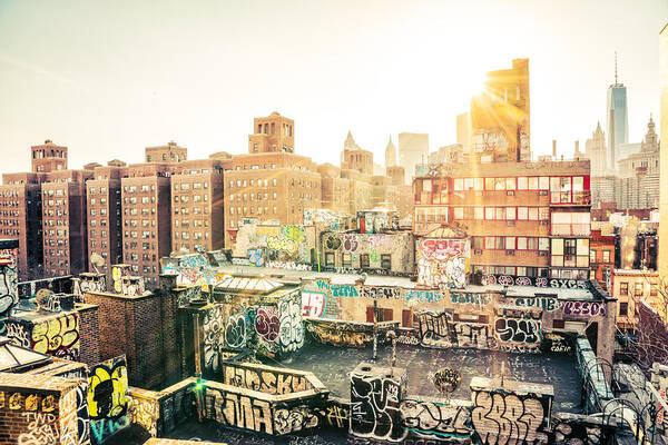 1 Wtc Art Print featuring the photograph New York City - Graffiti Rooftops of Chinatown at Sunset by Vivienne Gucwa