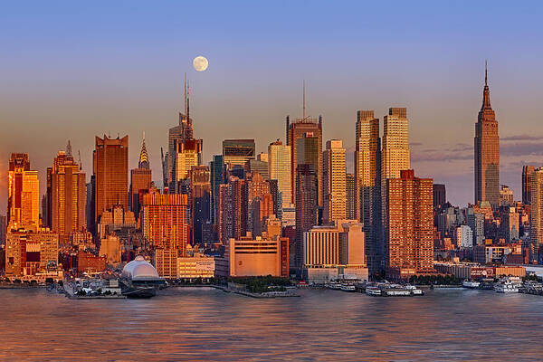 New York City Skyline Art Print featuring the photograph New York City Skyline Full Moon And Sunset by Susan Candelario
