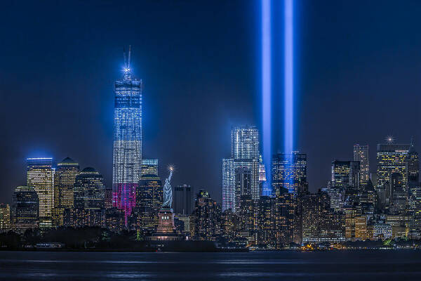 Tribute In Light Art Print featuring the photograph New York City Tribute In Lights by Susan Candelario