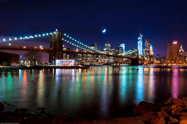 New York Art Print featuring the photograph New York Skyline and Brooklyn Bridge with Crescent Moon Rising by Mitchell R Grosky