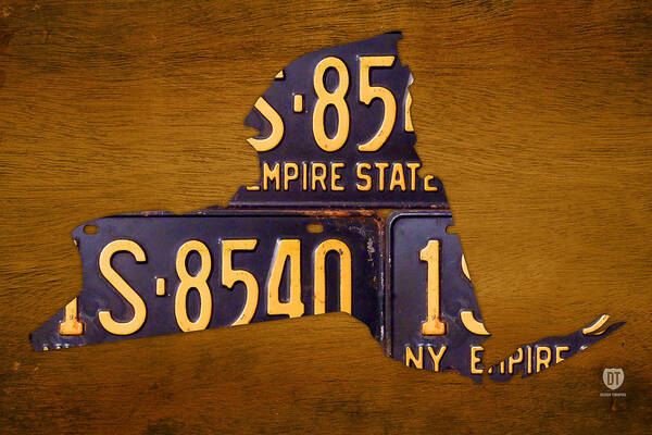 New York City Art Print featuring the mixed media New York State License Plate Map - Empire State Orange Edition by Design Turnpike