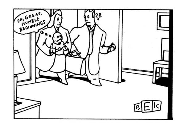 (new Parents Entering Sparse Apartment Holding Baby Art Print featuring the drawing New Yorker April 5th, 1999 by Bruce Eric Kaplan