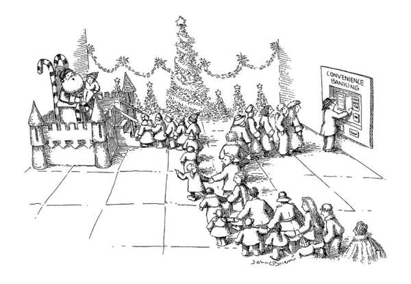 (a Line Of Children Wait To See Santa Claus To Tell Him What They Want For Christmas Art Print featuring the drawing New Yorker December 10th, 1990 by John O'Brien