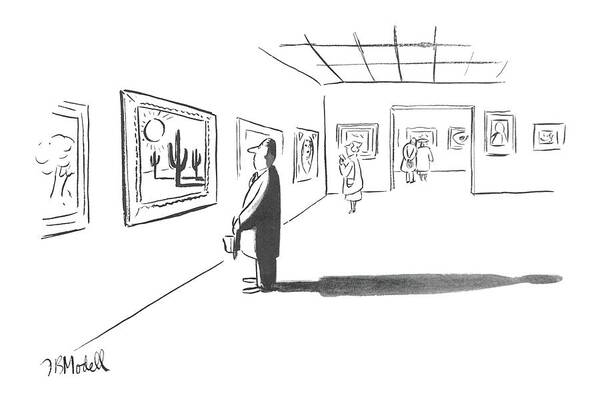 (man At Art Gallery Stands In Front Of Painting Showing A Sunny Desert Scene. His Figure Makes A Long Shadow On The Floor As It The Sun From The Picture Were Coming Out At Him.) Art Art Print featuring the drawing New Yorker December 1st, 1951 by Frank Modell