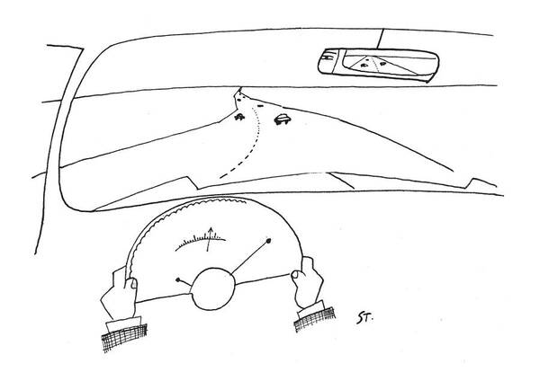 93570 Sst Saul Steinberg (view Of Highway From Driver's Seat.) Automobiles Autos Car Cars Drive Driver's Driving Highway Holiday Journey Seat Travel Trip Vacation Vacations View Art Print featuring the drawing New Yorker January 11th, 1958 by Saul Steinberg
