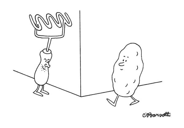 No Caption
A Potato Is Walking Down The Street. Around The Corner Art Print featuring the drawing New Yorker January 9th, 1995 by Charles Barsotti