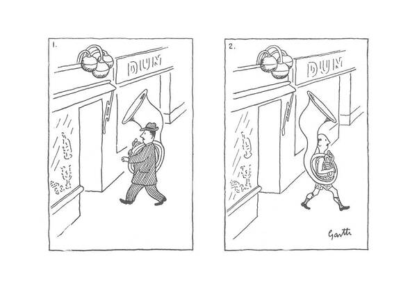 116480 Garth Williams A Series Of Two Cartoons. A Man Walks Into A Music Store Wearing A Suit Art Print featuring the drawing New Yorker July 29th, 1944 by Garth Williams