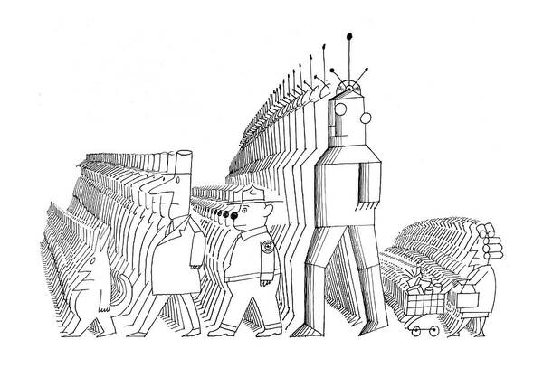 116302 Sst Saul Steinberg (a Parade Of All Types Of People And Icons.) All American Cliques Culture Different Festivities Groups Icons Kinds Military Parade People Society Sorts Span Types Art Print featuring the drawing New Yorker May 25th, 1968 by Saul Steinberg