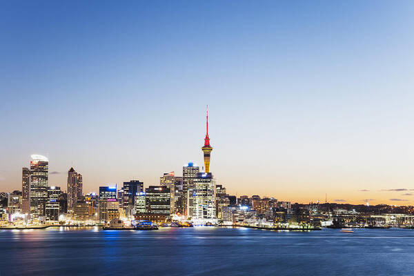 Outdoors Art Print featuring the photograph New Zealand, Auckland, Skyline with Sky Tower, blue hour by Westend61