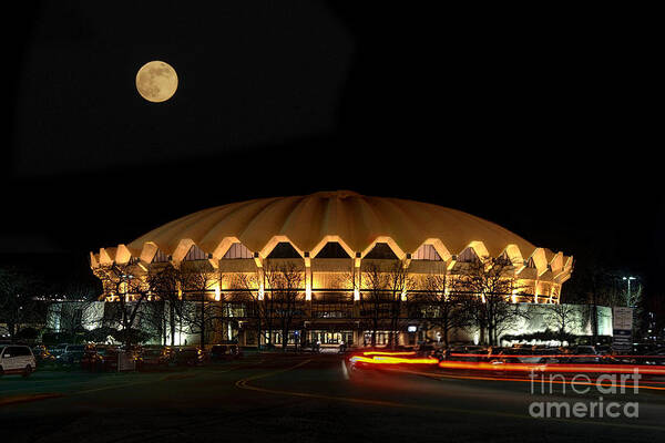  Wvu Art Print featuring the photograph night and moon WVU basketball arena by Dan Friend