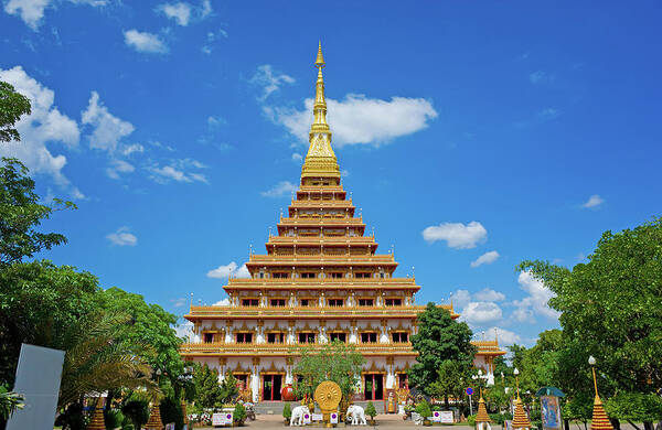 Pagoda Art Print featuring the photograph Nine Golden Pagoda, Khon Kaen, Thailand by Krit Of Studio Omg