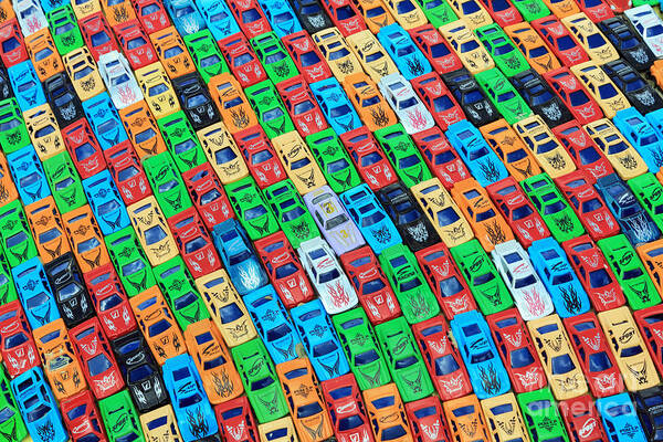 Toy Cars Nose To Tail Traffic Jam Congestion Car Colourful Colorful Bright Colour Color Green Red Blue Packed Childhood Fun Play Time Boys Toys Fender Tightly Tight Crowded Park Parked Rush Hour Art Print featuring the photograph Nose to Tail by Julia Gavin