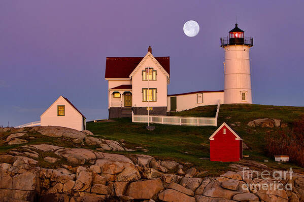 Moon Art Print featuring the photograph Nubble Lighthouse and Moon by Jerry Fornarotto