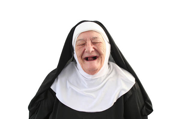 White Background Art Print featuring the photograph Nun Series - Toothless Laugh by Bobbieo