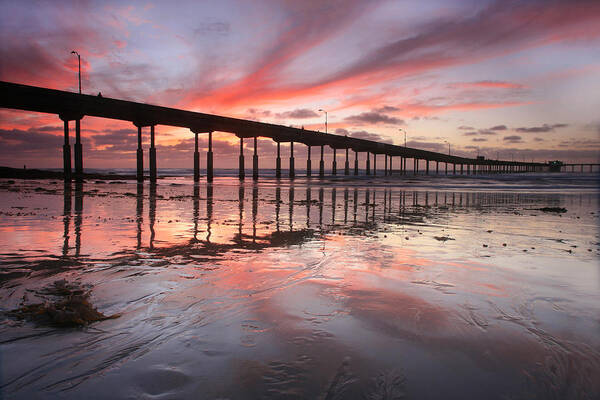 Landscape Art Print featuring the photograph OB Pier Reflection Sunset by Scott Cunningham