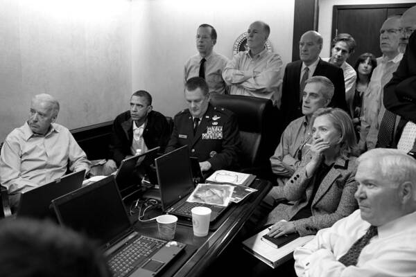 Bin Laden Raid Art Print featuring the photograph Obama In White House Situation Room by War Is Hell Store