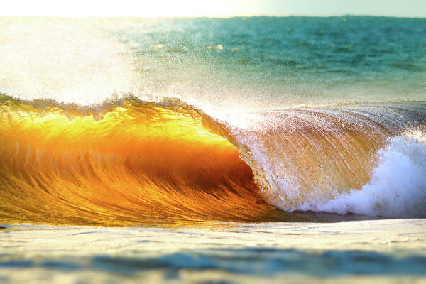 Tranquility Art Print featuring the photograph Ocean Wave Breaking At Sunset by Elojotorpe