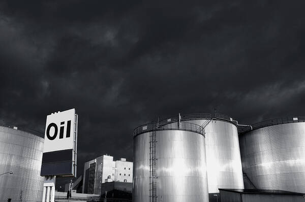 Fuel Art Print featuring the photograph Oil Refinery At Sunset With Commercial Sign by Christian Lagereek