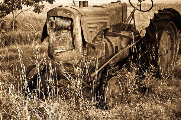 Old Art Print featuring the photograph Old Farm Tractor in Sepia 1 by Douglas Barnett