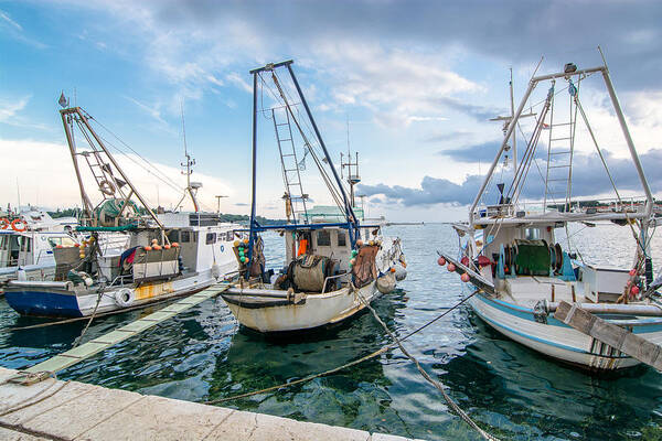 Boat Art Print featuring the photograph Old Fishing Boats In Evening Harbor by Andreas Berthold