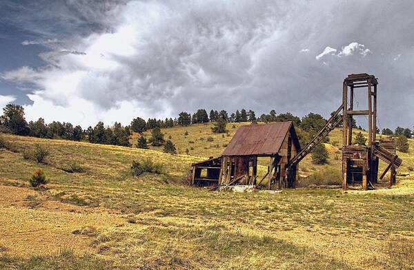 Mixed Media. Mixed Media Photography. Mixed Media Digital Photography. Gilpin County Photography. Colorado. Colorado Photography. Landscape Photography. Old Mine Photography. Gold. Gold Mine Colorado. Silver Mine. Silver Mine Colorado. Landscape. Nature. Nature Photography. Note Cards. Fine Art Photography. Deer. Elk. Ducks. Cow. Sheep. Mountain. Wild Flowers. Trees. Pine Trees. Rabbit Brush. Colorado Rabbit Brush. Art Print featuring the photograph Old Mine in Gilpin County Colorado by James Steele