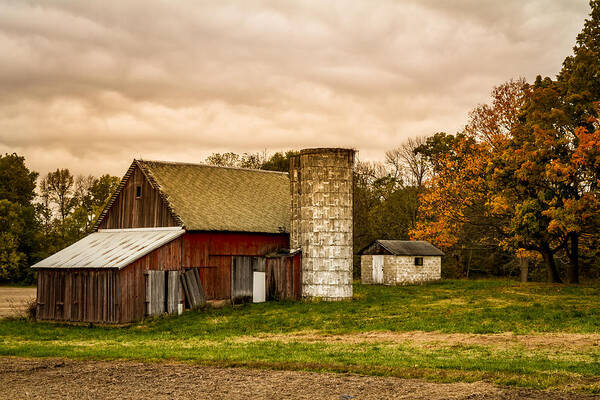 Autumn Art Print featuring the photograph Old Red Barn and Silo by Ron Pate