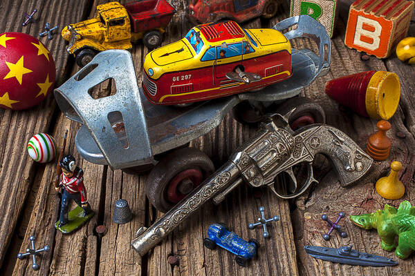 Collection Art Print featuring the photograph Older roller skate and toys by Garry Gay