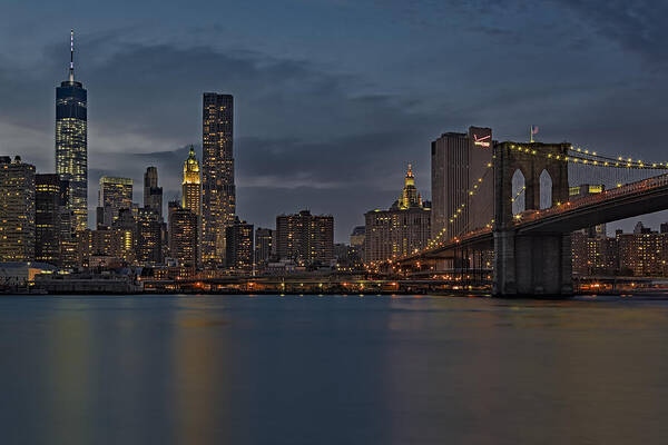Brooklyn Bridge Art Print featuring the photograph One World Trade Center And The Brooklyn Bridge by Susan Candelario