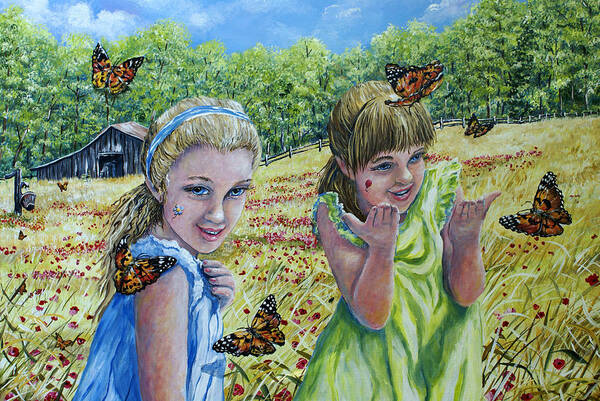 Children Farm Landscape Portrait Butterflies Childhood Girl Dance Green Blue Yellow Children Art Print featuring the painting Painted Ladies by Gail Butler