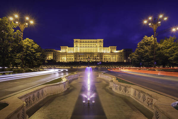 Built Structure Art Print featuring the photograph Palace of Parliament at night by LordRunar