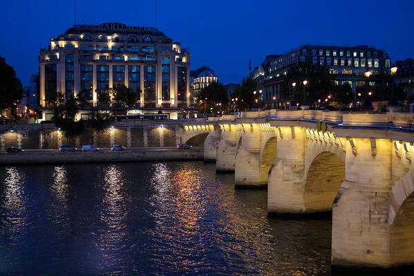 Paris Blue Hour Art Print featuring the photograph Paris Blue Hour - Pont Neuf Bridge and La Samaritaine by Georgia Mizuleva